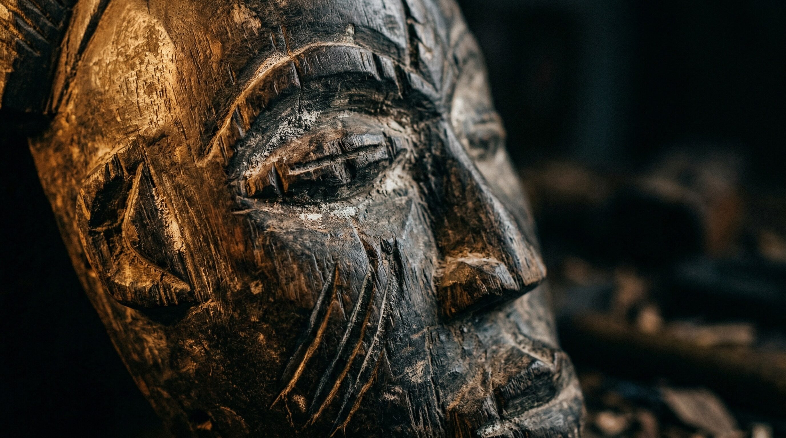 Close-up of hand-carved West African wooden mask